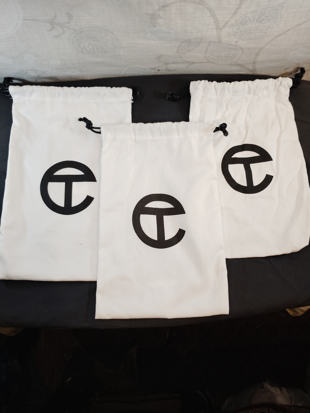 Telfar White Drawstring Dust Bags with Black Logo (Set of 3)